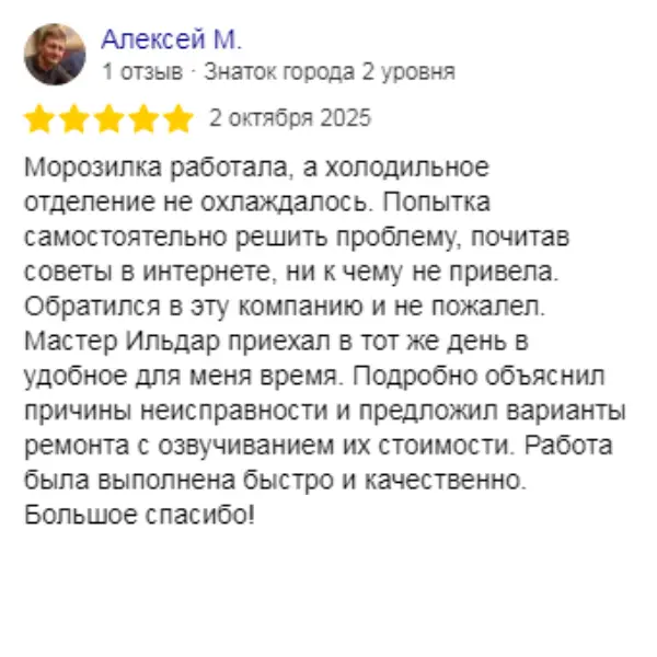 Отзыв о мастерской «ПермРемХолод» в Яндекс от 2025-10-02