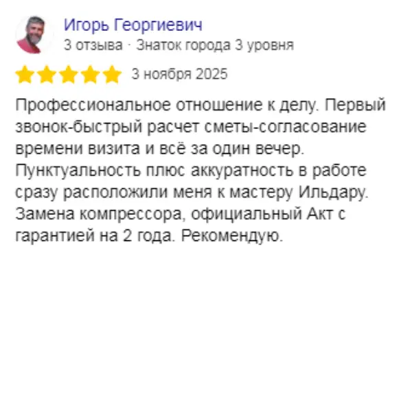 Отзыв о мастерской «ПермРемХолод» в Яндекс от 2025-11-03