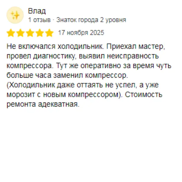 Отзыв о мастерской «ПермРемХолод» в Яндекс от 2025-11-17